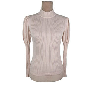 Leur Logette Pink Cashmere Silk Ribbed Balloon Sleeve Sweater Mock Neck XS